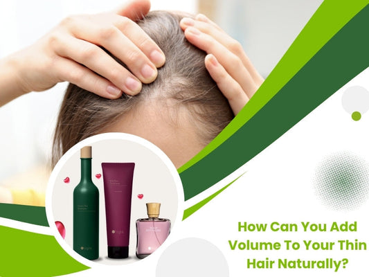 Close-up of hands applying hair care products to the scalp, highlighting how to add volume to thin hair naturally.