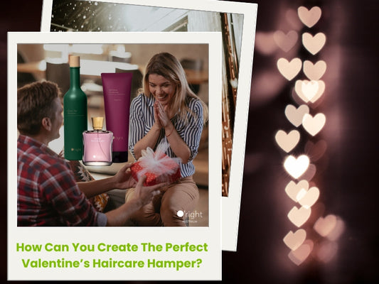 Couple enjoying a Valentine’s gift featuring a hair care hamper with green tea shampoo, conditioner, and scalp revitaliser.