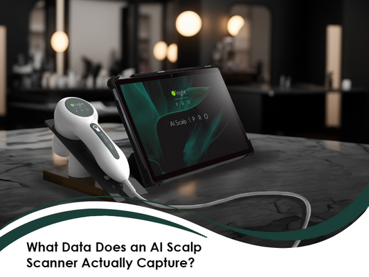 AI scalp scanner on stand with a connected tablet displaying AI scalp scanner data in a professional salon setting.