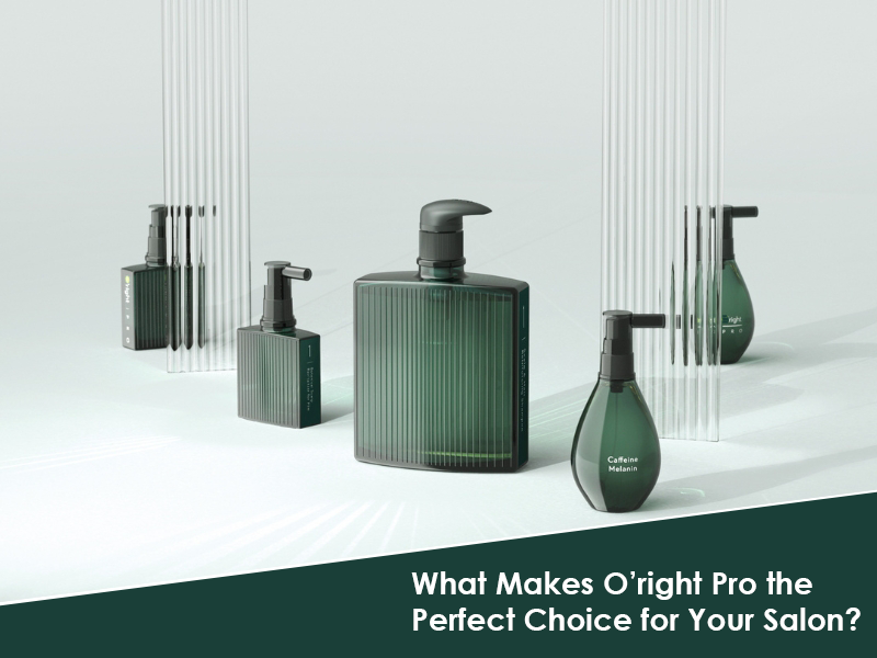 Oright Pro for salons green bottles arranged with clear dividers in a minimal white studio background
