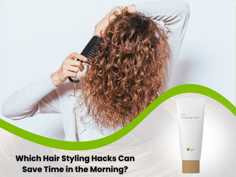 A woman with curly hair using a wide-tooth comb, applying curl-enhancing cream for quick morning hair styling hacks.