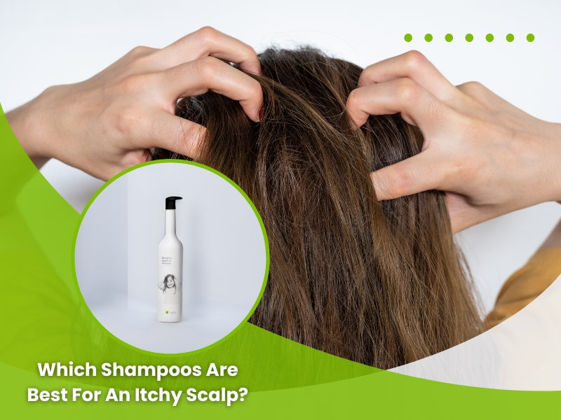 Person scratching itchy scalp with itchy scalp shampoo bottle displayed, suggesting relief options.