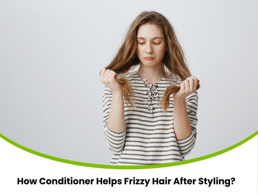 Young woman inspecting frizzy hair ends, wondering how conditioner helps frizzy hair after styling and damage.