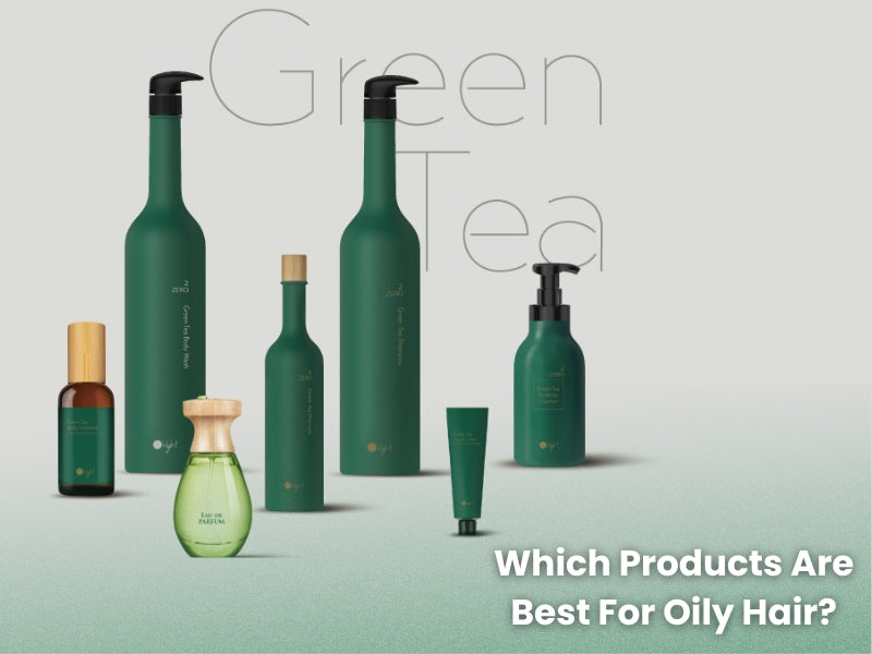 Selection of green tea-based products for oily hair care, highlighting the best products for oily hair.