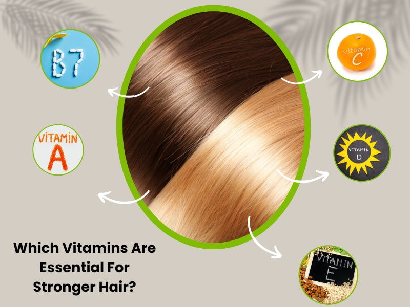 Illustration showing vitamins like A, C, D, and E essential for stronger hair and healthy hair growth.