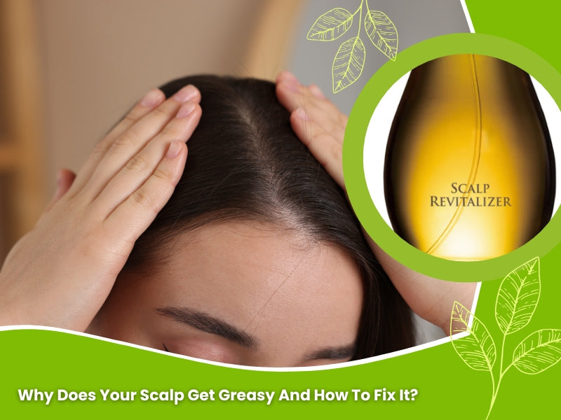 Woman touching her greasy scalp with a highlighted O'right scalp revitaliser bottle, promoting effective hair care solutions.
